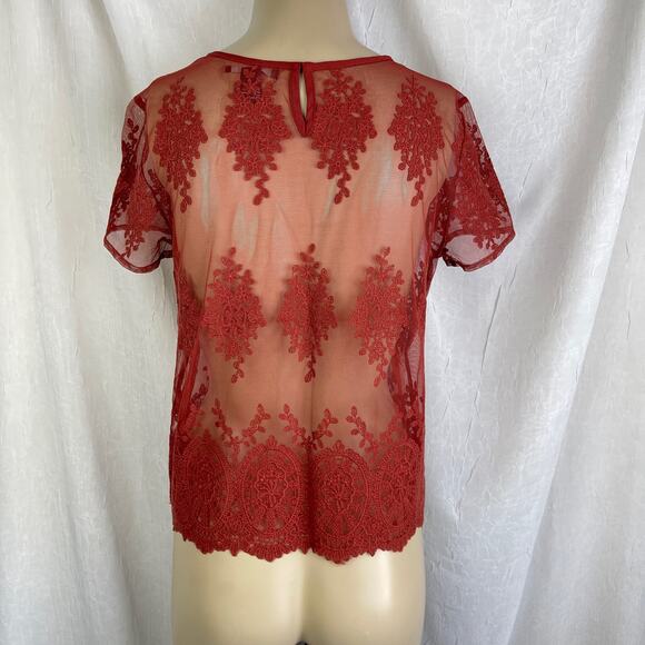 Rust Sheer Mesh Knit Lace T Shirt Scalloped Hem Forever 21 Size Small - Picture 5 of 16